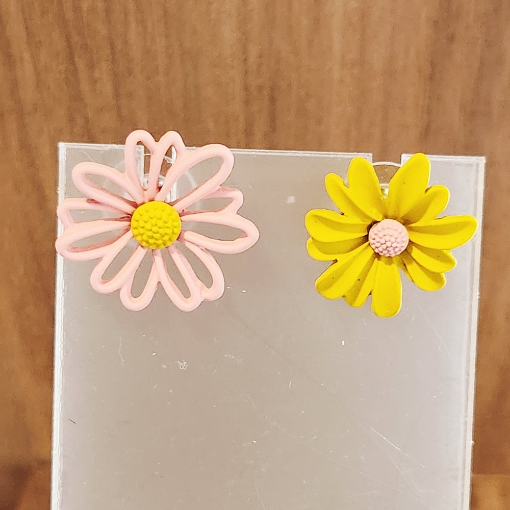 Mismatched Daisy Flower Stud Earrings Pink Yellow Matte Floral Post Backs 1"